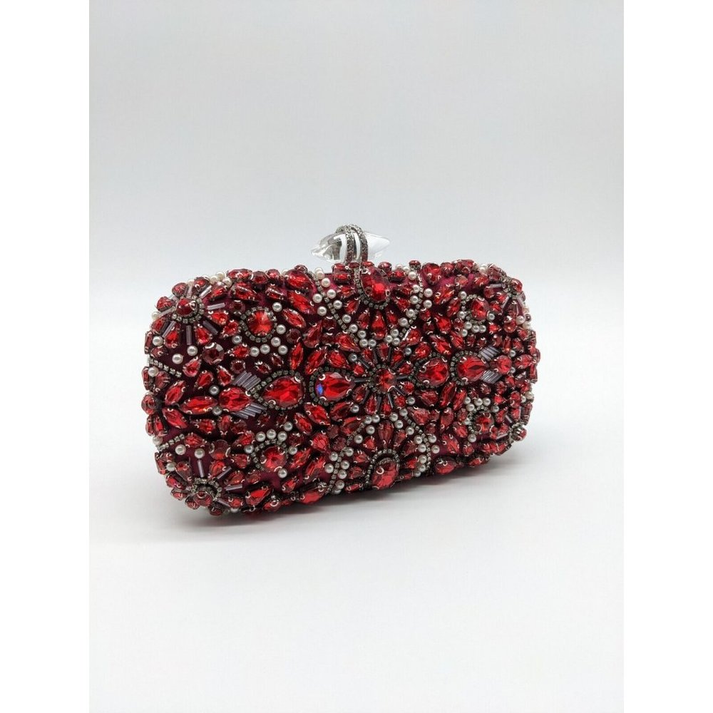 INC Ranndi beaded embellished crystal clutch minaudiere - RED/SILVER - Picture 4 of 14